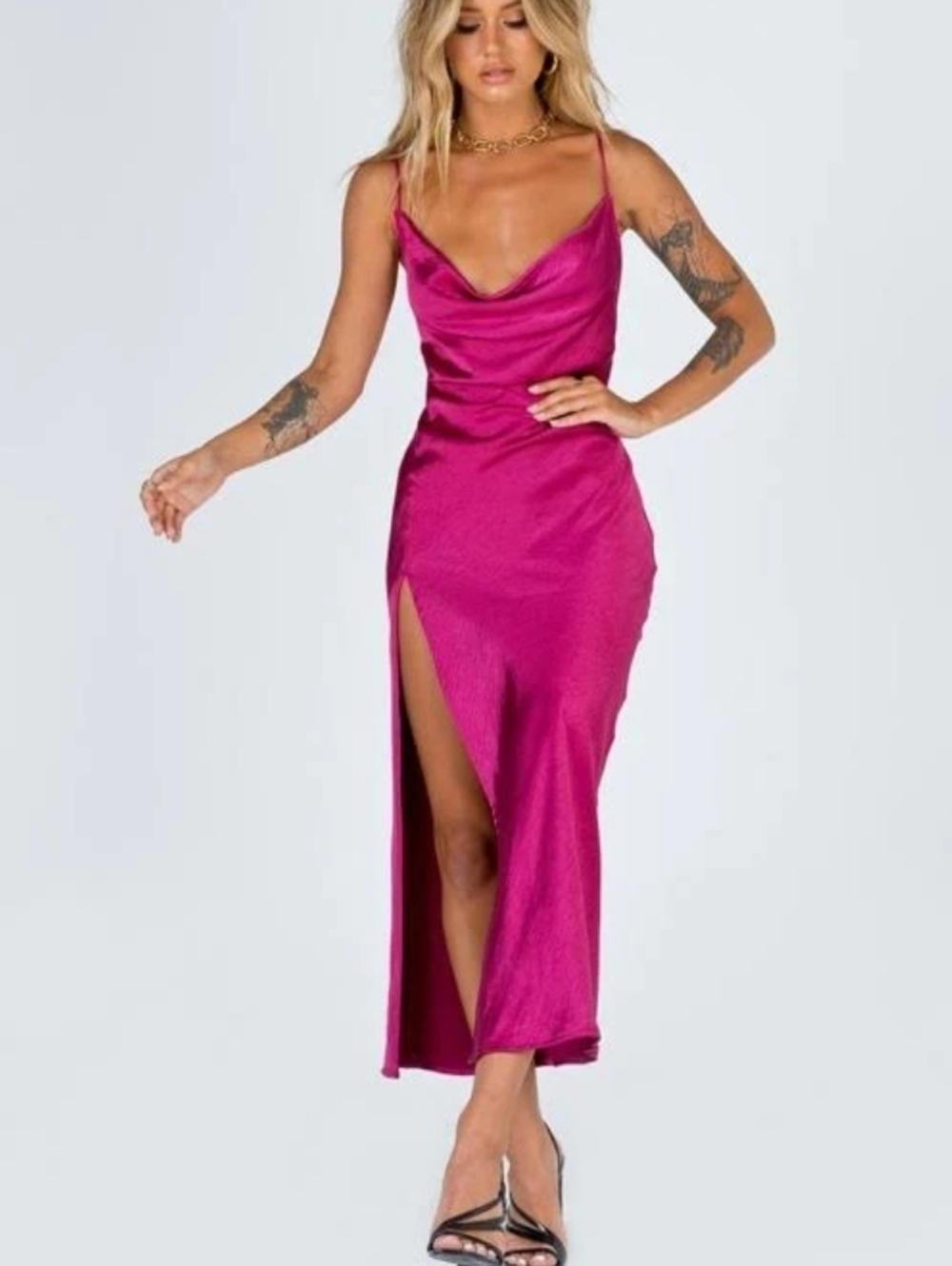 Lioness Walk The Line Satin Slip Maxi Dress Magenta Cowl Neck Slit Event Sz6 NWT
